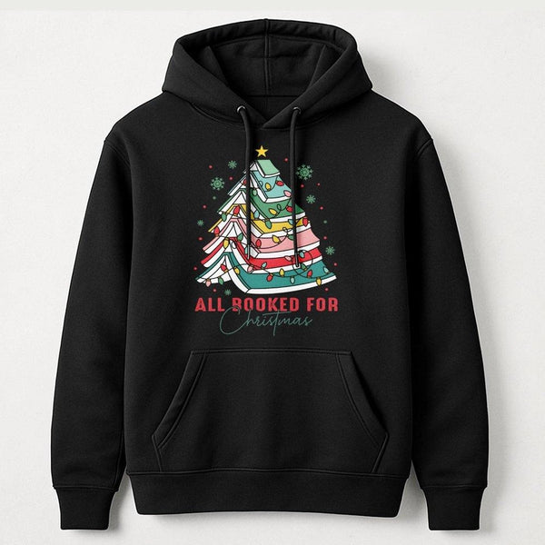 Book Lover Christmas Tree Hoodie, All Booked for Christmas Hoodie, Comfy Holiday Bookworm Hooded Sweatshirt, Reader Teacher X