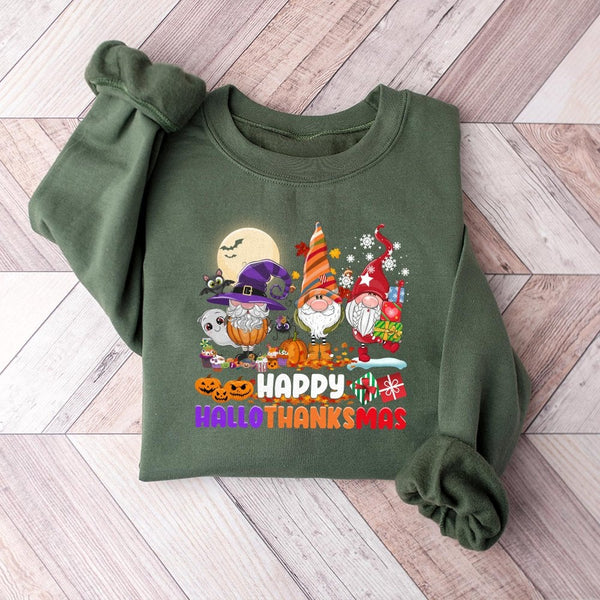 Adorable Gnome Holiday Sweater, Hallothanksmas Sweatshirt, Retro Halloween Thanksgiving Christmas Crewneck, Fall Holiday Pull