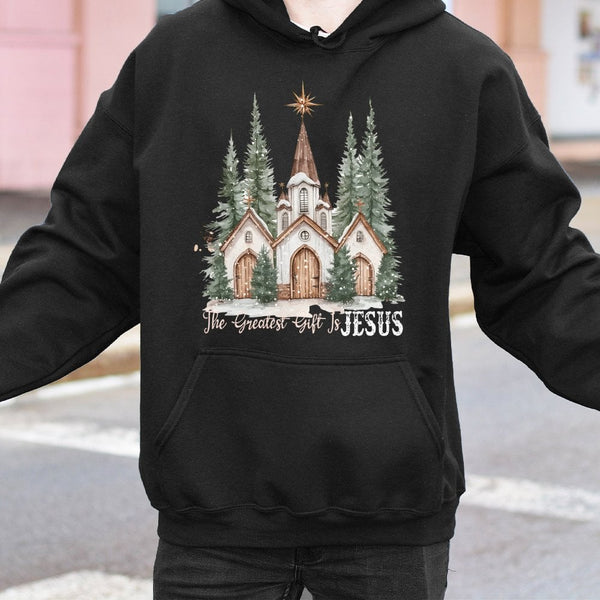 Watercolor Christmas Church Hooded Sweatshirt, The Greatest Present Is Jesus Hoodie, Religious Christian Faith Pullover, Nati