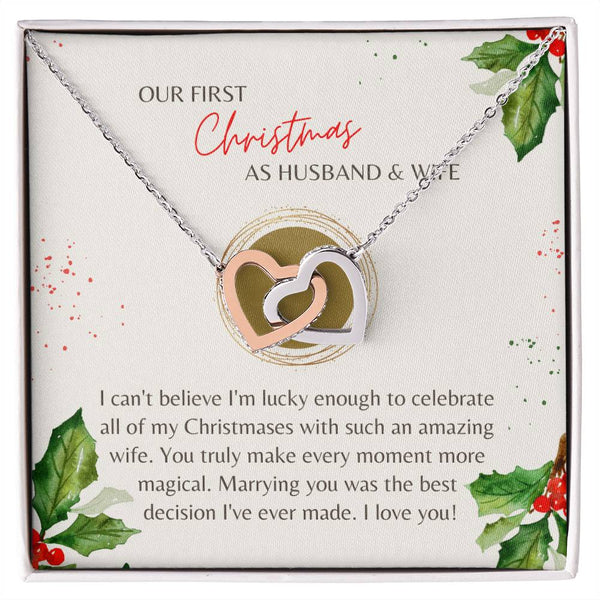 Cubic Zirconia Heart Pendant, First Christmas Wife Interlocking Hearts Necklace, Romantic Holiday Jewelry, Anniversary Presen