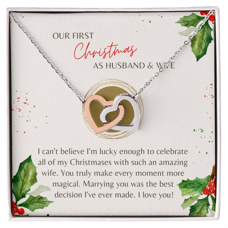 Cubic Zirconia Heart Pendant, First Christmas Wife Interlocking Hearts Necklace, Romantic Holiday Jewelry, Anniversary Present for Her