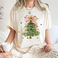 Adorable Coquette Christmas T-Shirt, Pink Bow Watercolor Christmas Tree Shirt, Aesthetic Christmas Graphic Tee, Festive Holiday Shirt, Xmas Present