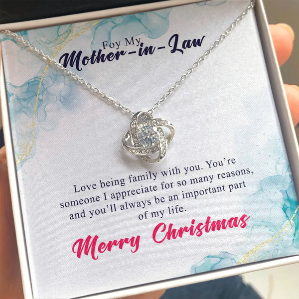 Cubic Zirconia Pendant Necklace, Mother-in-Law Love Knot Necklace, 14k White Gold Finish Jewelry, Meaningful Christmas Presen