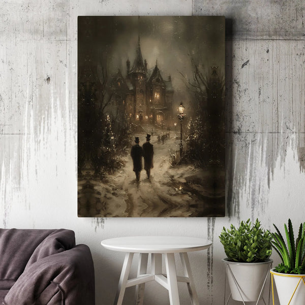 Snowy Christmas Night Canvas Art, Gothic Victorian Mansion Canvas Print, Winter Landscape Canvas Decor, Dark Cottagecore Hous
