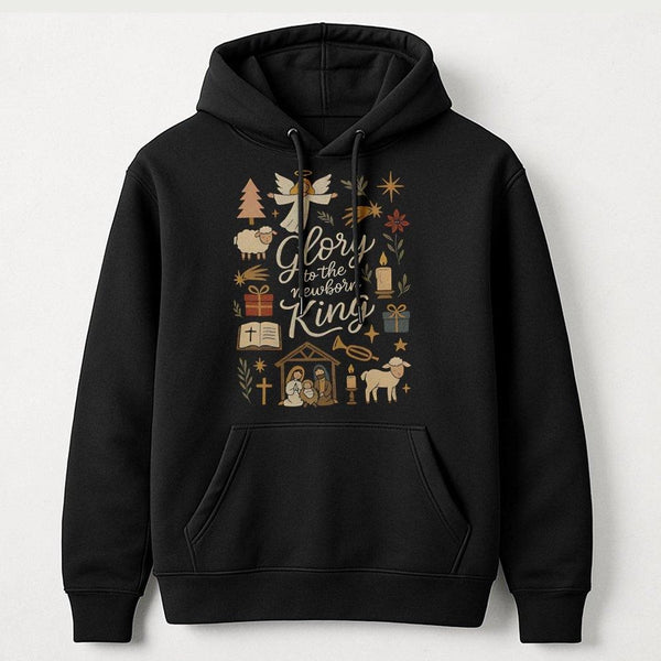 Nativity Doodle Art Hoodie, Glory to the Newborn King Hoodie, Christian Christmas Hoodie, Religious Xmas Hooded Sweatshirt, H