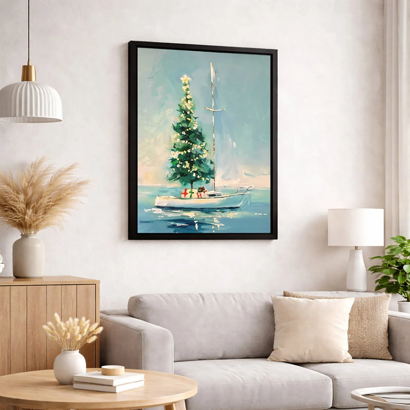 Coastal Nautical Holiday Painting Print, Christmas Tree Sailboat Canvas Art, Beach House Christmas Decor, Digital Download Art