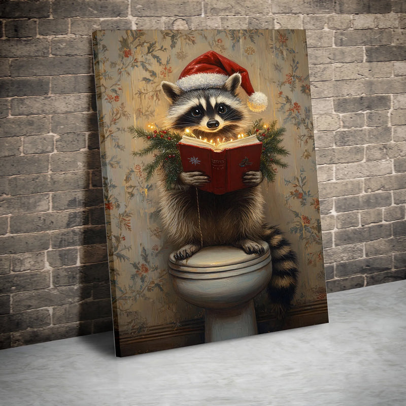 Humorous Toilet Reading Raccoon Canvas Print, Christmas Raccoon Canvas Art, Quirky Holiday Wall Art, Adorable Animal Bathroom Wall Decor Present