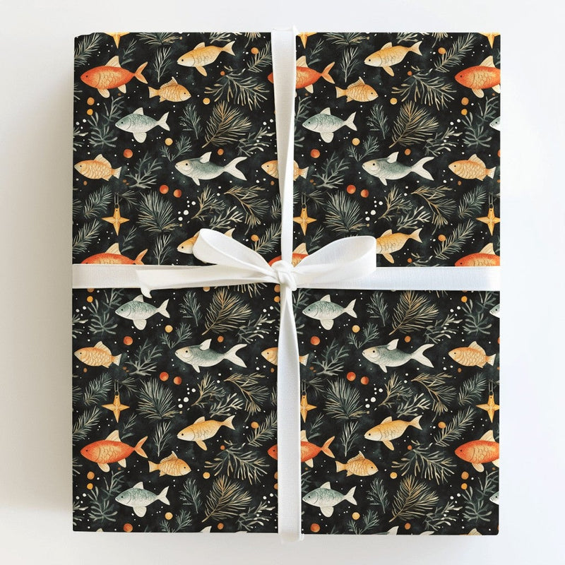 Underwater Christmas Gift Wrap, Whimsical Fish Holiday Wrapping Paper, Pine Branch Star Present Paper, Unique Xmas Gift Wrapping Paper Roll