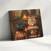 Humorous Pet Portrait Canvas Print, Two Cats Ugly Christmas Sweater Canvas, Adorable Christmas Cats Wall Art, Holiday Cat Lover Canvas Art Present