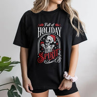 Skeleton Santa Drinking Wine T-Shirt, Full of Holiday Spirit T-Shirt, Humorous Spooky Christmas Graphic Tee, Holiday Wine Lover T-Shirt Present