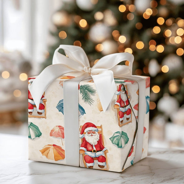 Summer Holiday Christmas Gift Wrap, Tropical Beach Santa Wrapping Paper, Santa on Vacation Wrapping Paper, Coastal Beach Gift