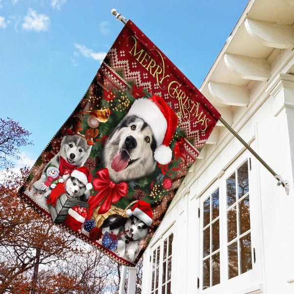 Holiday Siberian Husky Dog Yard Flag, Christmas Husky Garden Flag, Double Sided Winter Pet Garden Flag, Outdoor Lawn Decor, D
