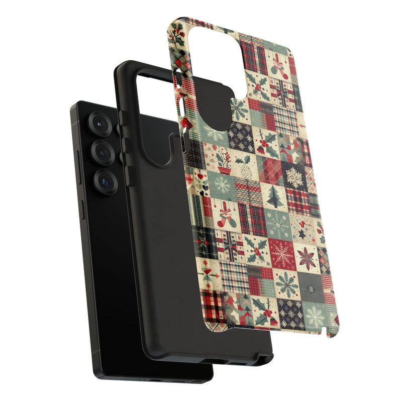 Holiday Snowflake Plaid Samsung Galaxy Case, Christmas Patchwork Phone Case, Festive Holly Berry Phone Cover, Xmas Stocking Stuffer Present