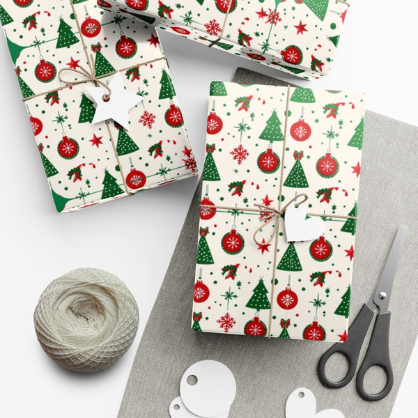 Festive Ornaments Holiday Gift Wrap Roll, Christmas Tree Wrapping Paper, Vintage Xmas Present Paper, Winter Holiday Wrapping 