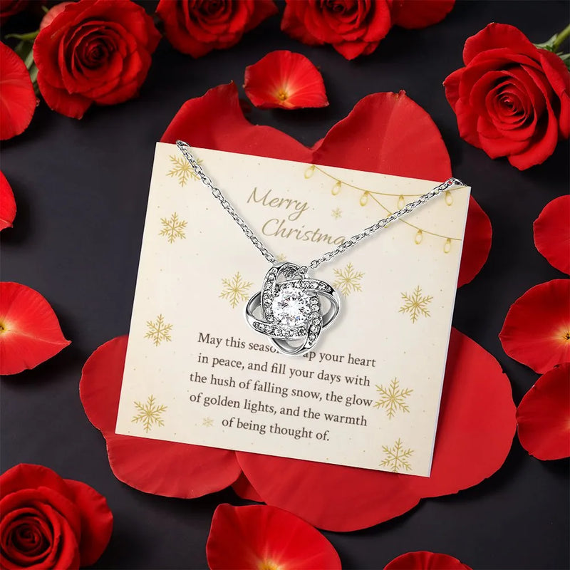 Gold Finish Knot Pendant, Sparkling CZ Love Knot Necklace, Elegant Love Knot Necklace, Christmas Jewelry Present for Her with Rotating Rose Box