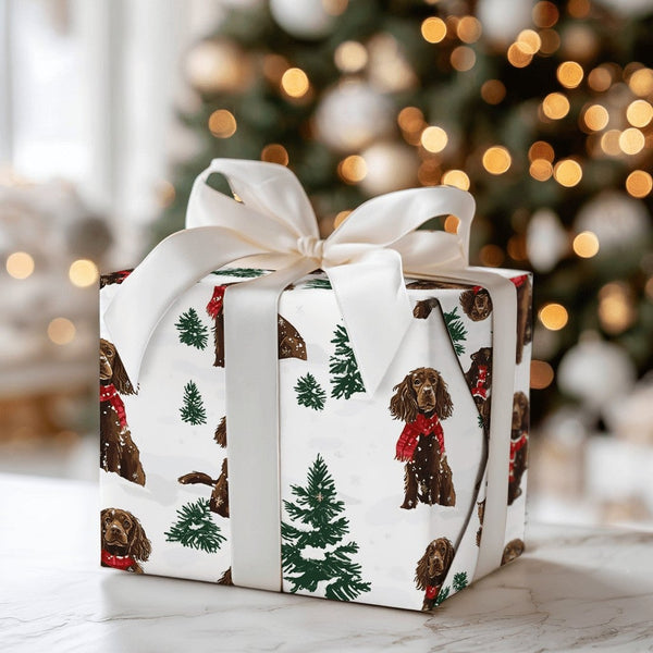 Festive Brown Dog Holiday Gift Wrap, Spaniel Christmas Wrapping Paper, Winter Dog Wrapping Paper, Adorable Spaniel Christmas 