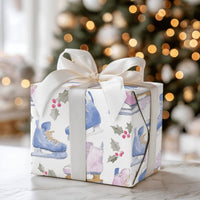 Watercolor Winter Holiday Gift Wrap, Ice Skates Wrapping Paper, Christmas Ice Skating Wrapping Paper, Adorable Holly Berry Gift Wrap Roll