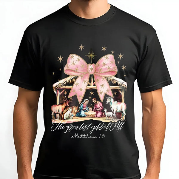 Pink Bow Christmas T-Shirt, Coquette Nativity Scene Shirt, Christian Holiday Graphic Tee, Greatest Present of All Shirt, Reli