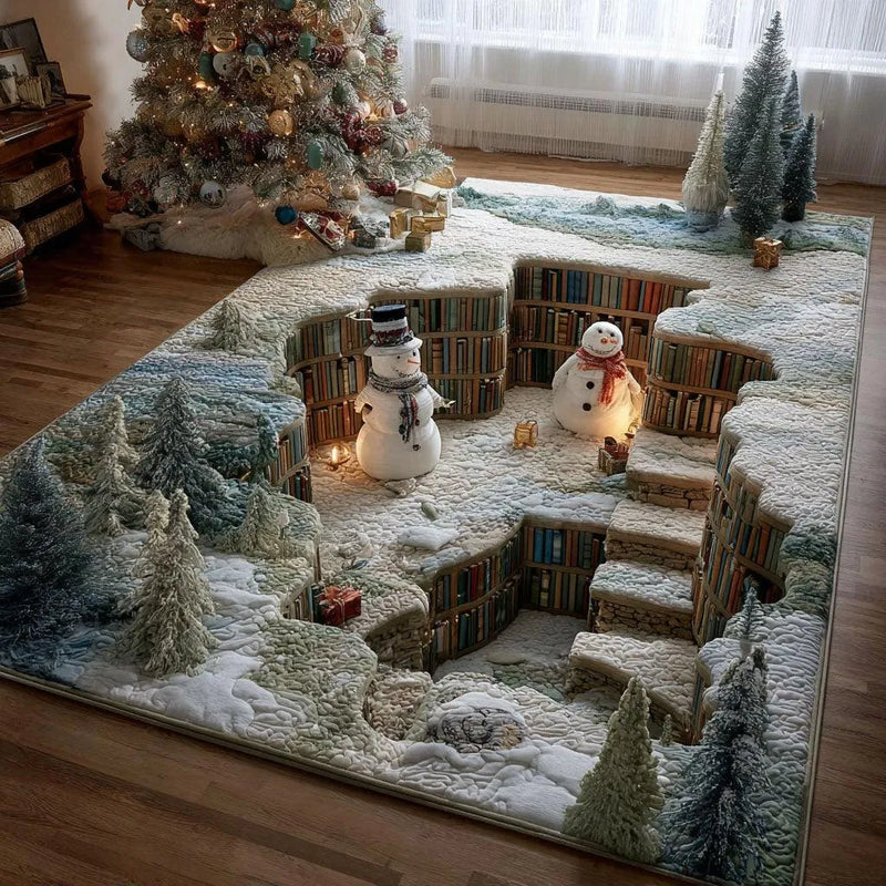 3D Christmas Floor Mat, Arctic Snowy Library Stairway Area Rug, Winter Holiday Non Slip Carpet, Festive Living Room Decor Present