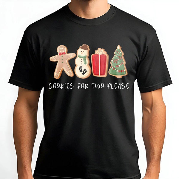 Adorable Gingerbread Snowman Graphic Tee, Cookies for Two Please Christmas T-Shirt, Holiday Pregnancy Reveal Shirt, Expecting