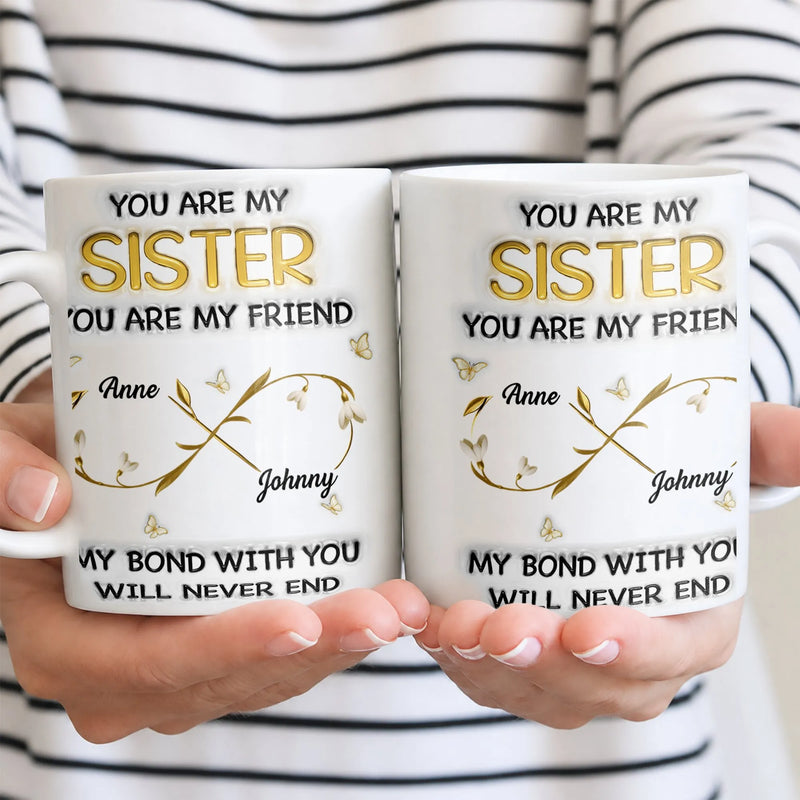 Gold Infinity Floral Custom Name Mug, Personalized Sister Ceramic Mug, Adorable Sibling Coffee Cup, Sister Birthday Christmas Present