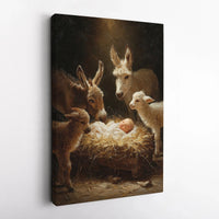 Baby Jesus with Animals Christmas Canvas, Nativity Scene Canvas Wall Art, Holy Nativity Canvas Print, Religious Winter Holiday Wall Decor