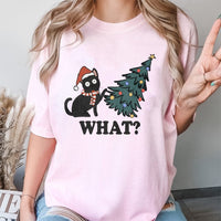 Humorous Cat Knocking Tree Graphic Tee, Naughty Black Cat Christmas T-Shirt, Spooky Adorable Kitten Xmas Shirt, Holiday Cat Humor Top