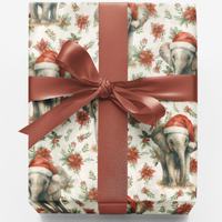 Poinsettia Holiday Wrapping Paper, Santa Elephant Christmas Wrapping Paper, Adorable Animals Gift Wrapping Paper, Kids Winter Present Wrap