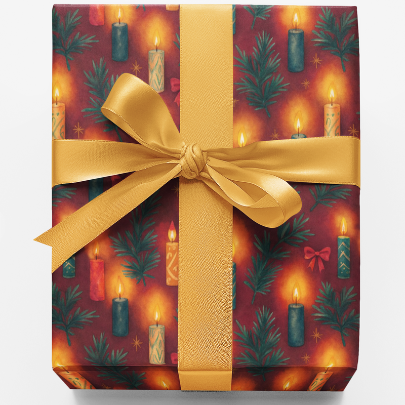 Red and Gold Holiday Gift Wrap, Candlelight Christmas Wrapping Paper, Festive Pine Candle Present Wrap, Winter Xmas Gift Wrapping Paper Roll