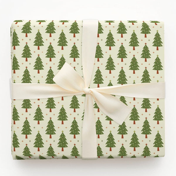 Retro Green Pine Tree Gift Wrap, Christmas Tree Wrapping Paper, Holiday Snowflake Wrapping Paper, Adorable Seasonal Xmas Gift