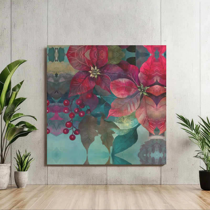 Watercolor Christmas Floral Canvas Print, Poinsettia Square Canvas Wall Art, Winter Botanical Wall Decor, Holiday Home Decor Canvas Present