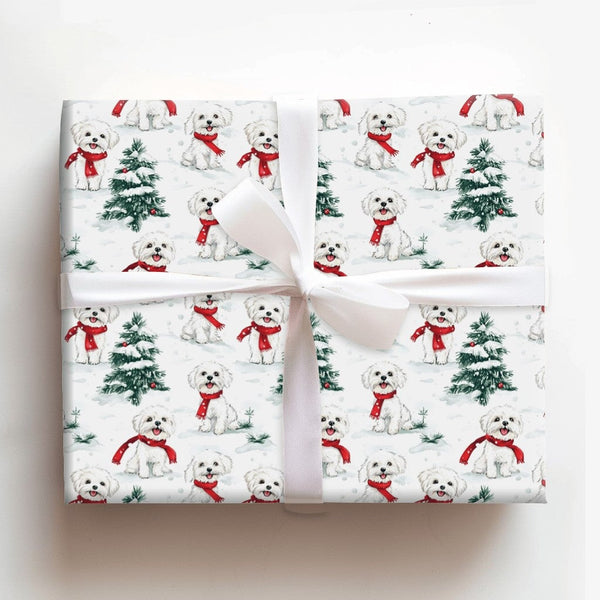 Winter Puppy Holiday Wrapping Paper, Maltese Dog Christmas Wrapping Paper, Snowy Tree Dog Wrapping Paper, Festive Pet Lover G