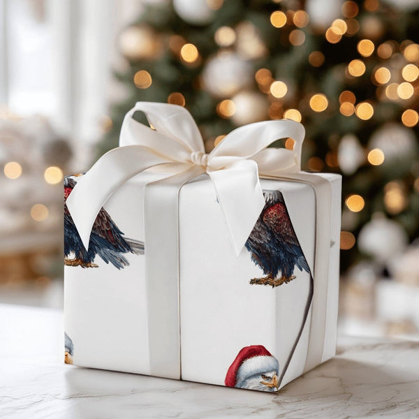 Patriotic Santa Hat Gift Wrap, Bald Eagle Christmas Wrapping Paper, American Holiday Wrapping Paper Roll, Veteran Christmas W