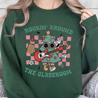 Christmas Tree Guitar Teacher Sweatshirt, Rockin Around the Classroom Sweatshirt, Retro School Holiday Sweater, Humorous Teacher Crewneck