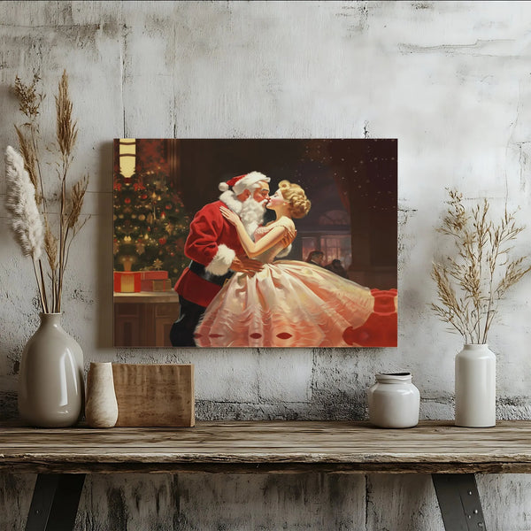 Retro Christmas Romance Canvas, Vintage Santa Claus Kissing Woman Canvas, Holiday Canvas Print, Festive Xmas Wall Art, Season