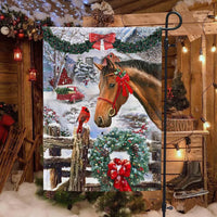 Snowy Winter Horse Scene Yard Flag, Christmas Horse Garden Flag, Wreath and Red Bow Garden Flag, Double Sided Equestrian Holiday Yard Decor
