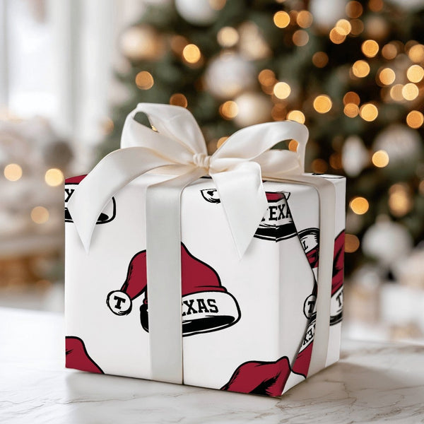 Lone Star Holiday Gift Wrap, Texas Santa Hat Christmas Wrapping Paper, Red Texas Typography Wrapping Paper, Festive Texas Hol
