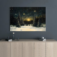 Snowy Night Landscape Glowing Stars Print, Winter Forest Canvas Wall Art, Christmas Pine Tree Decor, Magical Holiday Night Art Canvas