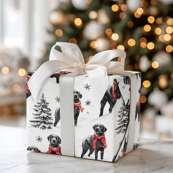 Winter Dog in Red Scarf Gift Wrap, Black Lab Wrapping Paper, Snowy Labrador Christmas Wrapping Paper, Holiday Dog Lover Wrapp