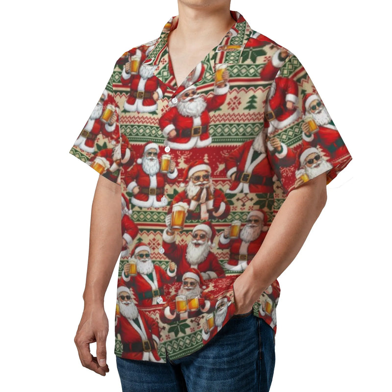 Humorous Christmas Hawaiian Shirt, Santa Claus Drinking Beer Hawaiian Shirt, Retro Holiday Tropical Beach Shirt, Holiday Party Present for Men