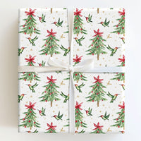 Watercolor Holiday Gift Wrap, Hummingbird Christmas Wrapping Paper, Bird Christmas Tree Wrap, Festive Gift Wrapping Paper Roll