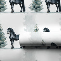 Watercolor Winter Horse Gift Wrap, Friesian Horse Christmas Wrapping Paper, Equestrian Holiday Wrapping Paper, Black Horse Wrapping Paper