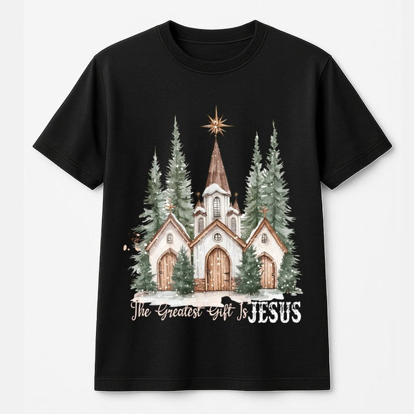 Watercolor Snowy Church T-Shirt, The Greatest Present Is Jesus T-Shirt, Religious Christian Shirt, Faith Christmas T-Shirt, W