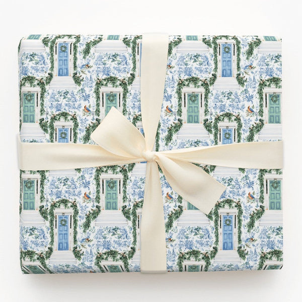 Holiday Front Door Gift Wrap, Blue Toile Christmas Wrapping Paper, Winter Wreath Festive Wrapping Paper, Elegant Xmas Gift Wr
