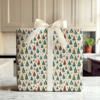 Rustic Holiday Forest Gift Wrap, Vintage Christmas Tree Wrapping Paper, Colorful Tree Present Wrap, Retro Xmas Packaging Paper Roll