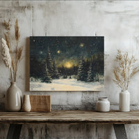 Snowy Night Landscape Glowing Stars Print, Winter Forest Canvas Wall Art, Christmas Pine Tree Decor, Magical Holiday Night Art Canvas