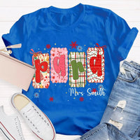 Custom Name Holiday Graphic Tee, Personalized Color Block Christmas T-Shirt, Matching Family Xmas Shirt, Festive Present Top
