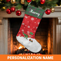 Custom Name T-Rex Holiday Stocking, Personalized Dinosaur Christmas Stocking, Adorable Dino Winter Stocking, Fireplace Decor, Kids Xmas Present
