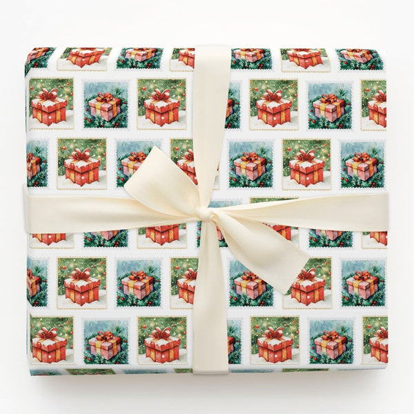 Vintage Watercolor Holiday Wrapping Paper, Christmas Postage Stamp Wrapping Paper, Festive Gift Box Wrapping Paper, Winter Xm