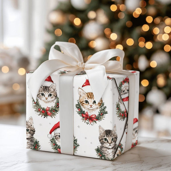 Watercolor Holiday Kitten Gift Wrap, Christmas Cats in Santa Hats Wrapping Paper, Festive Cat Lover Xmas Wrapping Paper Roll